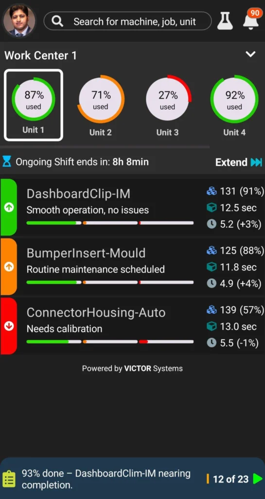 Victor Systems mobile app dashboard showing connected, adaptive, and future-ready factory management
